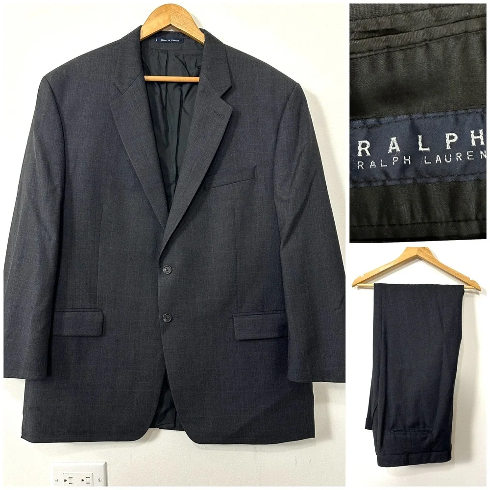 VTG 90s Ralph Lauren Wool Suit Set 48R 43x31 Gray Glen Plaid Power Suit Canada